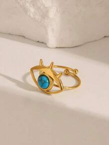 1pc Fashionable Exaggerate Luxurious Golden Devil's Eye With Blue-Green Turquoise Adjustable Ring, Stainless Steel 18k Design, Suitable For Women To Wear For Daily, Festival, Party, Gathering, Date Or Gift