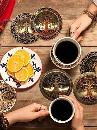 8-pack Wood Print Tree Of Life Digital Print Wood Coasters (inga diamanter) - Konstnärlig design för drycker, kaffe och te - Perfekt present till hem och restaurang