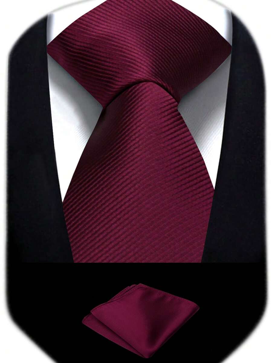 1 طقم رابطة عنق وجيب رجالي بلون أحمر مقاس 8 سم، رابطة عنق وحرامة يد ذات لون أحمر كامل لأعمال الزفاف والأعمال - عنابي اللون - مشاهدة 1