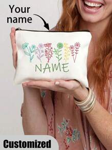 [Custom Made] Polyester Flower Design Cosmetic Bag For Women - Waterproof, Large Capacity,Personalized Name,Unscented, Portable Zip Makeup Pouch, Travel Essential, Gift For Flower Lovers - Exclusive Gift - Beige - View 1