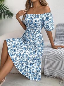 Women's Casual Vacation Elastic Drawstring Short Sleeve Ditsy Floral Dress, Spring/Summer