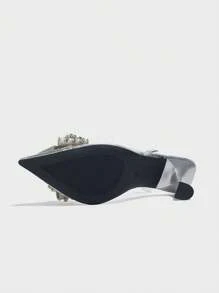Zapatos de tacón alto con punta puntiaguda y lazo con strass para mujer, tacón cerrado sexy, zapatos formales cómodos para fiesta/boda/cita, adecuados para otoño/invierno, color plateado, elegantes, bombas de mujer, mule - Plateado - Ver 9