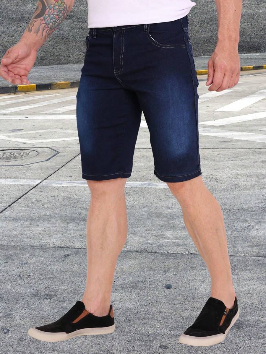 Bermuda Jeans Shorts Color Dark Black Medium Light Men's High Quality With Elastane Sport Factory Store - 深色水洗藍 - 查看 1