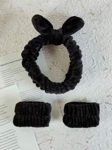 1pc Solid Color Black Bath Headband & 2pcs Bath Wrist Band, Creative Polyester Facial Makeup Headband & Wrist Wash Band Set For Bathroom Home Bathroom Decor Fall Decor Back To School