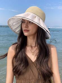 1pc Women's Spring/Summer New Plain Color Crystal Bow Splice Raffia Straw Hat, Fashion Versatile Lightweight Breathable Wind-Resistant Sun-Shading Hat For Outdoor Travel, Vacation, Sun Protection, Wide Brim, Suitable For Daily Use - Solid Color - View 11