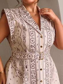 Sollinarry Women Plus Size Sleeveless Button Front Floral Print Dress - Apricot - View 4