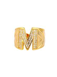 1pc Luxury Zirconia Initial Letter Rings For Women Stainless Steel Chunky Wide Open Finger Ring Hip Hop Fashion Jewelry Gifts