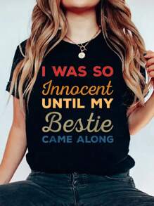 I Was So Innocent Until My Bestie Came Along Funny Friend T-Shirt Print Cotton T-Shirt For Summer, Women's Soft Short Sleeve Top, Stylish Comfy Tee For Women Graphic Tees - 黑色 - 查看 1