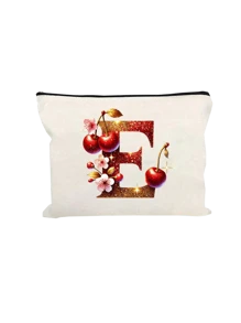 Witte make-uptas van polyestervezel, kleine witte tas, glanzend gouden kersenrode letters A-Z bedrukt patroon, make-uptas, draagbare toilettas, Moederdagcadeau, perfect cadeau voor moeders, herbruikbare make-uptas, eenvoudige grote capaciteit reismake-uptas voor vrouwen, oortelefoon, datakabel, accessoire-opslag, muntzak, multifunctioneel draagbaar cadeau voor vrouwen