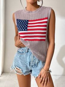 Women's Flag Pattern Hollow Out Knitted Sleeveless Blouse - Khaki - View 1