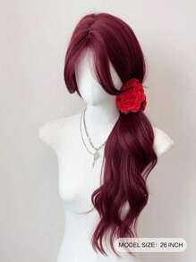 Chic Long Body Wave Synthetic U Part Lace Wig For Women - Adjustable Rose Net Cap, Perfect For Cosplay & Parties, 26 Inches, Available In Green & Pink Party(Excluding Accessories) - Burgundy - View 2