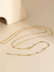 1pc Sexy Long Gold Tassel Necklace With Beaded Pendant{Random Beading}, Minimalist Single Layer Y-Shape Deep V Necklace With Rhinestone Decoration, Suitable For Women Party, Vacation, Beach, Dating, Gathering