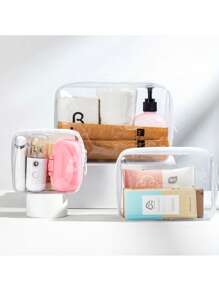 1 pieza Bolsa de maquillaje de viaje transparente e impermeable - Hipoalergénica, con cremallera, estuche cosmético portátil, organizador de aseo y tocador perfecto para uso diario y viajes, bolsa de aseo, bolsa de viaje, bolsa de maquillaje, artículos escolares, artículos esenciales para damas, para la universidad, el baño, las vacaciones y los días festivos