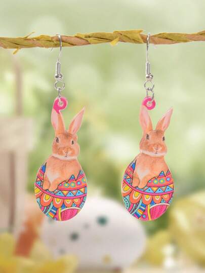 1对复活节礼物彩色图案兔子蛋亚克力吊坠耳环，女士节日饰品