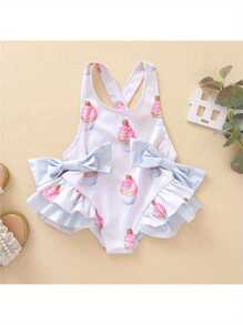 Girls Fashion Ruffles One Piece Swimsuit Cute Bow Cake Pattern Backless Suspender Swimsuit - trắng - Xem 2