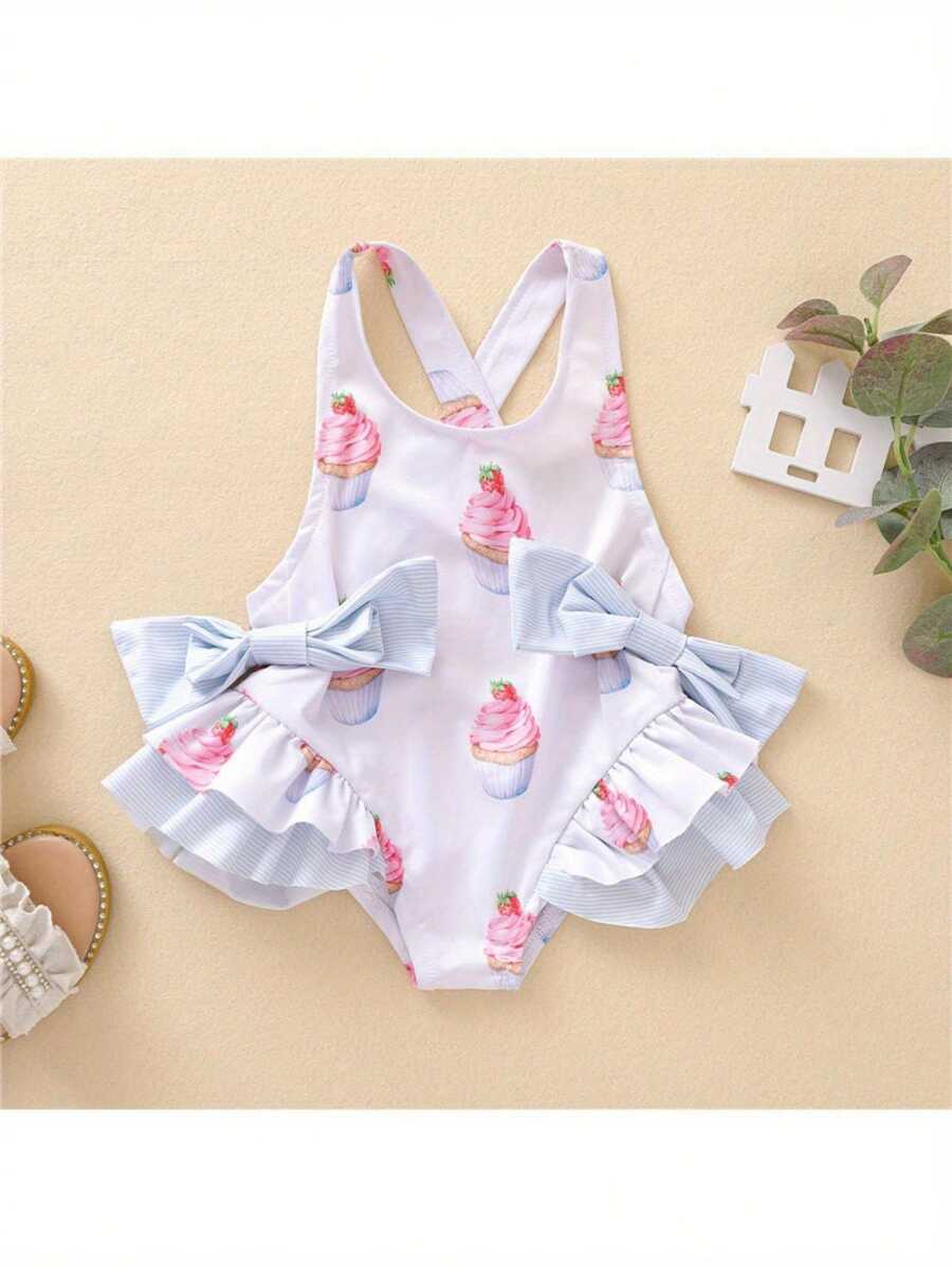 Girls Fashion Ruffles One Piece Swimsuit Cute Bow Cake Pattern Backless Suspender Swimsuit - trắng - Xem 1