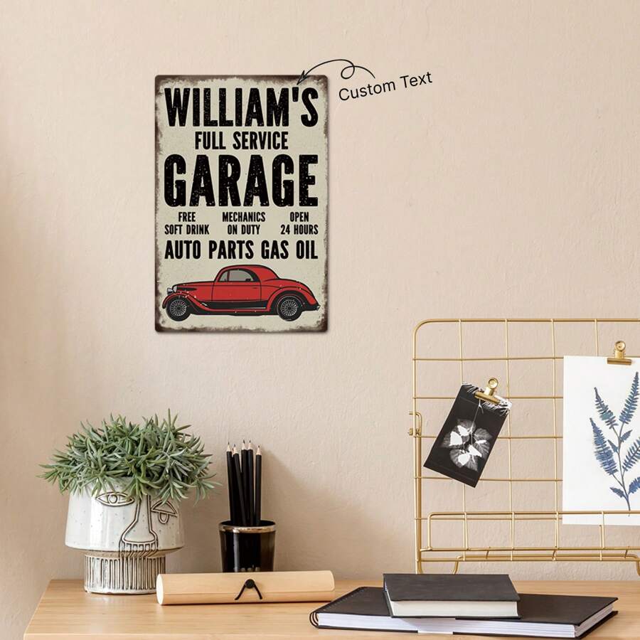 Letrero de hojalata de metal personalizado de 1 pieza de Putuo Decor, William's Full Service Garage Mechanics On Duty Free Soft Drink, placa personalizada, placa vintage, decoración de arte de pared para el hogar, granja, taller, garaje, cuarto de herramientas, cueva de hombre, regalo