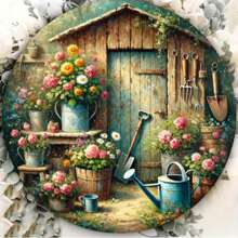 Vintage Floral Garden Shed Round Metal Sign, Metal Foil Engraving Wall Decor For Cafe, Garage, Farmhouse - Rustic Outdoor/Indoor Art, Garden Tool Theme Decorative Plaque