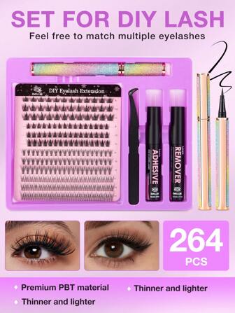 zwellbe 264pcs Lash Clusters Kit 8-16mm Wispy Natural Eyelash Clusters Kit Mix Type 9-11mm-WideSpan DIY Eyelash Extension Kit Individual Fake Eyelashes Clusters Kit Thin Invisible Lash Band Fluffy Lash Clusters Eyelash Extension Kit, Individual Lashes Kit With Lash Bond Glue, Glue Remover,Eyeliner, Lash Applicator Tweezers For Self Use