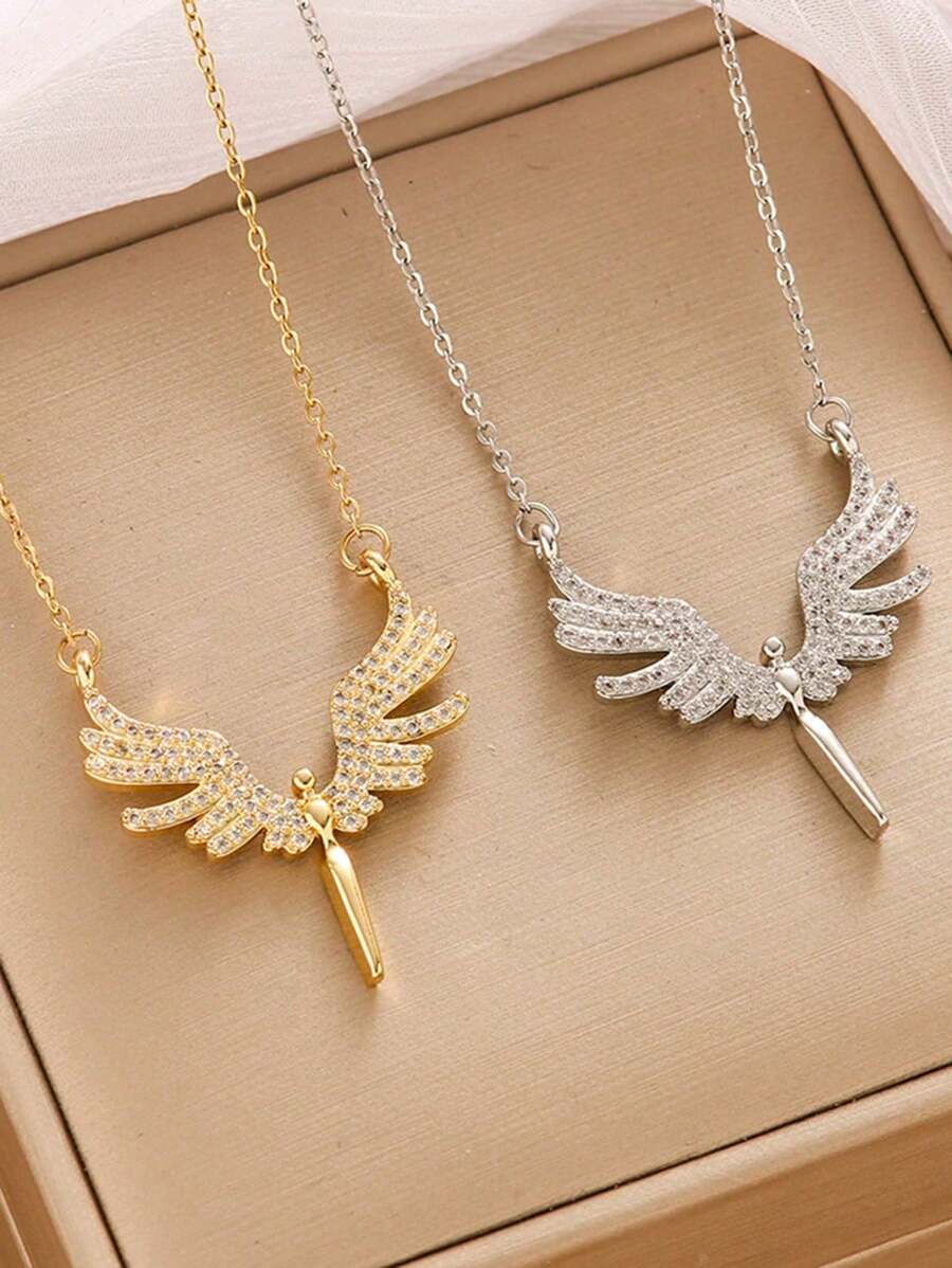 1 件不锈钢天使翅膀配方晶锆石项链吊坠，创意翅膀设计锁骨链，女士休闲日常佩戴首饰 - 天使之翼項鍊 - 查看 1