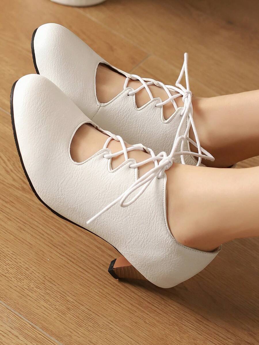 White Ballet Leather Lace-Up Flats, Minimalist Design Women Shoes - White - View 1