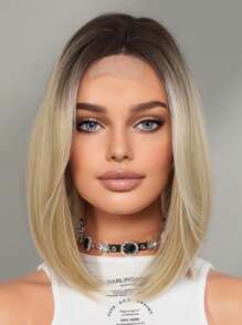 PIAOYUN Mini Lace Farbverlauf Blonde Bob Perücke für Frauen, kurzes glattes Haar, natürlich aussehende Perücke mit dunklen Wurzeln, Kunsthaarperücke ohne Kleber, hochwertige 2 * 0,5 U-Teil kleine synthetische Lace Front Perücke für den täglichen Gebrauch, 14 Zoll