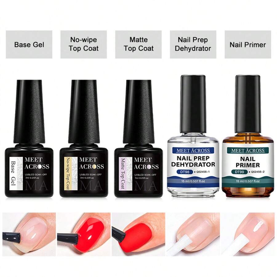 MEET ACROSS 5pcs Gel Nail Polish Set, Includes 15ml Acid-Free Acrylic Base Coat, Nail Dehydrator, 7ml Gel Base Coat, No Wipe Top Coat And Matte Top Coat, Removable UV/LED Gel Nail Polish, Manicure Set, Nail Care, DIY Nail Salon, Gift For Women Nails - 彩色 - 查看 1