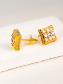 1 对金色方形纹理水钻微镶嵌镀层街头嘻哈耳钉，男女通用 - 金色 - 查看 7