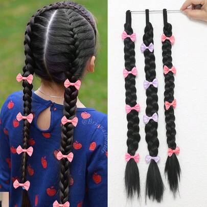 1 pieza de extensión de cabello sintético de 18 pulgadas con trenzado de caja y cola de caballo con lazo, banda elástica para el cabello, pieza postiza de cabello negro para mujeres y niños