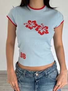 Tops cortos gráficos para mujeres Camisetas de manga corta con ajuste ceñido y cuello redondo estampadas con flores/croissant para adolescentes Tops casuales bonitos de verano Ropa estética de preppy Ropa urbana y de club