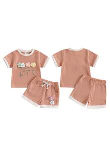 Fashion-Forward Toddler Girl Summer Waffled Clothes: 3D Flower Short Sleeve Round Neck Tops  Elastic Waist Shorts Outfit – Perfect For Birthday Parties And Gatherings - 粉色 - 查看 5
