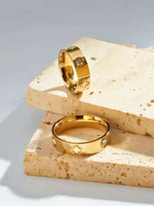 1pc Classic Elegant Four-Leaf Clover Design Ring. Stainless Steel Lucky Clover/Heart/Cross/Full Clover Ring. Size 6# - 11# Available, Suitable For Women And Men, Great For Daily Wear, Birthday, Wedding Gifts - Heart Diamond Ring - View 3