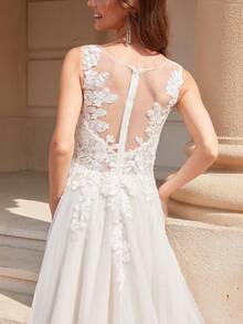 Solid Color Backless V-Neck Sleeveless Dress, Wedding Gown - White - View 5