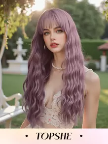 TOPSHE High Quality 26-Inch Synthetic Heat-Resistant Fiber Wig With Long Curly Purple Bangs Women's Wig Is Perfect For Holiday Party Everyday Wear