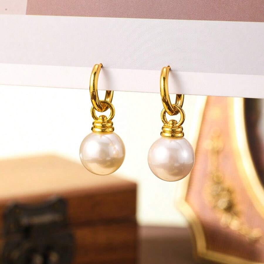 salmoph 1 Pair French Style Round Pearl Earrings, Suitable For Daily Wear By Women