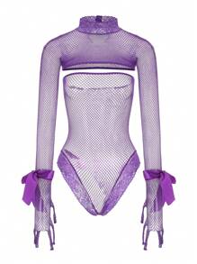 Cut Out Fishnet Teddy Bodysuit Without Lingerie Set, Rave - Violet Purple - View 9