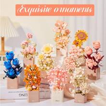 1pc New Arrival High Difficulty Multi-Granule Simulated Assemble Building Block Flower Bouquet, Carnation, Daisy, Jasmine Decorative Ornament, Home Decor, Birthday Gift, ABS Material, Handmade Fancy Building Block Ornament, Ideal For Valentine's Day, Mother's Day, Christmas, Halloween, Birthday