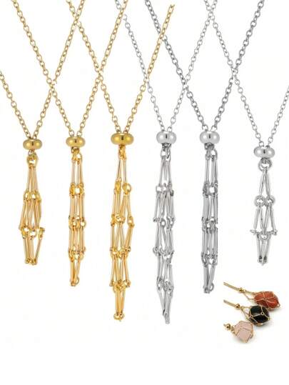 1pc/4pcs Fashion Layered Mesh Cage Pendant Necklace, Adjustable Gold & Silver Cage Necklace Holder For DIY Jewelry, Suitable For Women And Men As Gift, Can Be Freely Matched With Various Gemstones