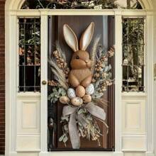 1pc 2D Easter Bunny & Egg Wreath Door Curtain - 35.4*70.9in Polyester, Rustic Country Design With Lifelike Rabbit & Decorative Eggs, Ideal For Home Entrance, Garden Patio & Event Party Decor - Multicolor - View 4