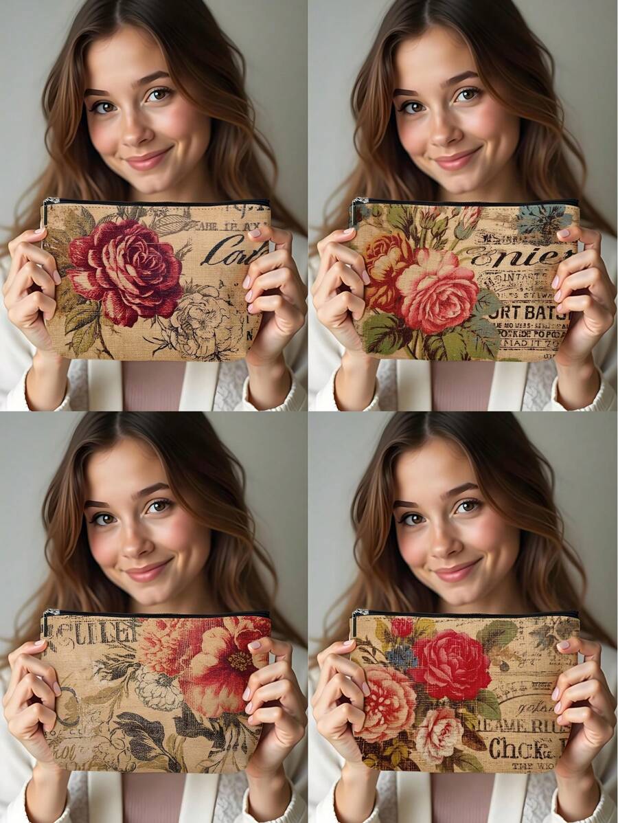 1 件复古花卉亚麻印花化妆包，可爱旅行化妆包和多功能零钱包，女性必备轻便礼物