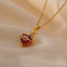 1 pieza Collar de acero inoxidable con colgante de cruz y corazón de circonita, cadena de gargantilla con dije rojo, apto para fiesta y uso diario, regalo de joyería