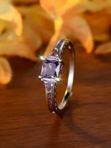 优雅简约 925 纯银公主方形切割紫水晶戒指，适合婚礼、订婚、周年纪念、生日礼物 - 紫色 - 查看 2