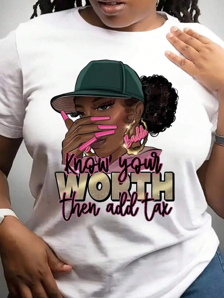 Women's Casual Graphic Tee - Portrait & Letter Print, Short Sleeve Crew Neck, Breathable Polyester, Machine Washable, Worth, Round Neck - 白色 - 查看 1