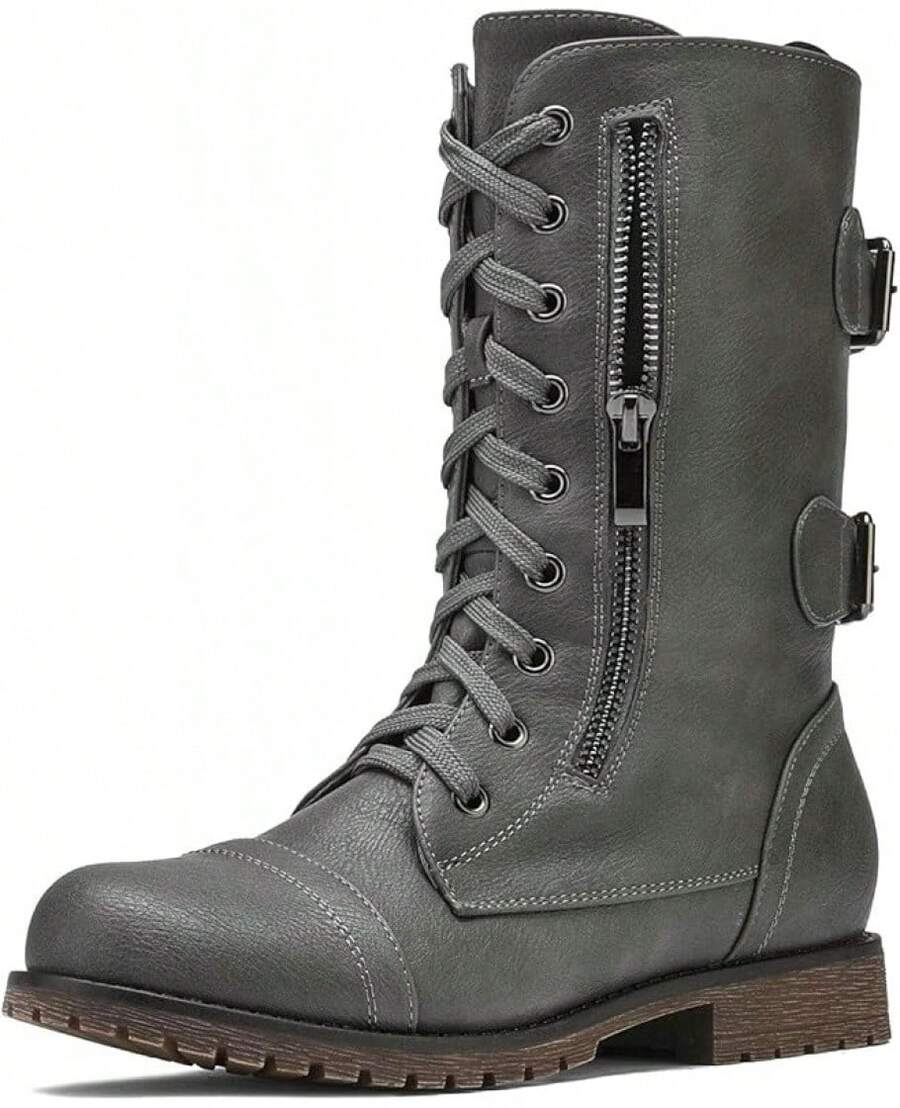Mid Calf Lace-Up Military Combat Boots - Women's Functional Wallet Pocket Boots - Classic Grey - View 1