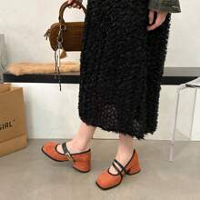 2025 春季新款法式优雅高跟鞋女士一脚蹬圆头方跟女式浅口鞋 - 鏽棕色 - 查看 3