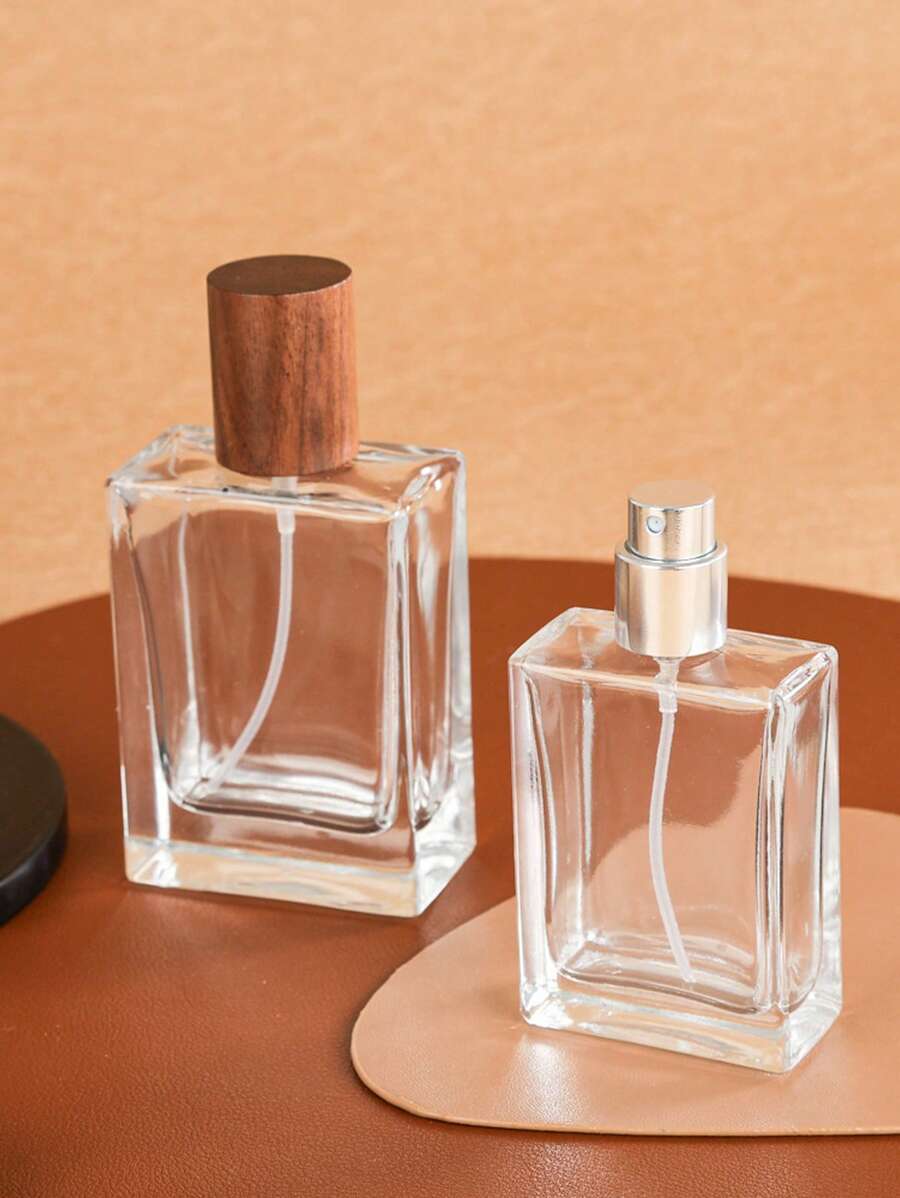 1pc/2pcs 30ml Square Wooden Cap Perfume Sprayer Bottle, Portable Travel Fragrance Refillable Bottle, Suitable For Storing Perfume, Alcohol And Other Liquids