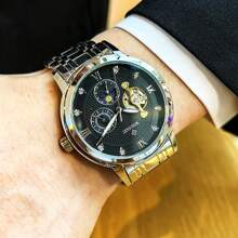 Classic High-End Stainless Steel Butterfly Buckle Men's Watch, Moon & Sun 24-Hour Subdial, Multifunction Hollow Automatic Mechanical Men's Watch, Fashion Rhinestone Luminous Roman Numeral Dial Men's Wristwatch