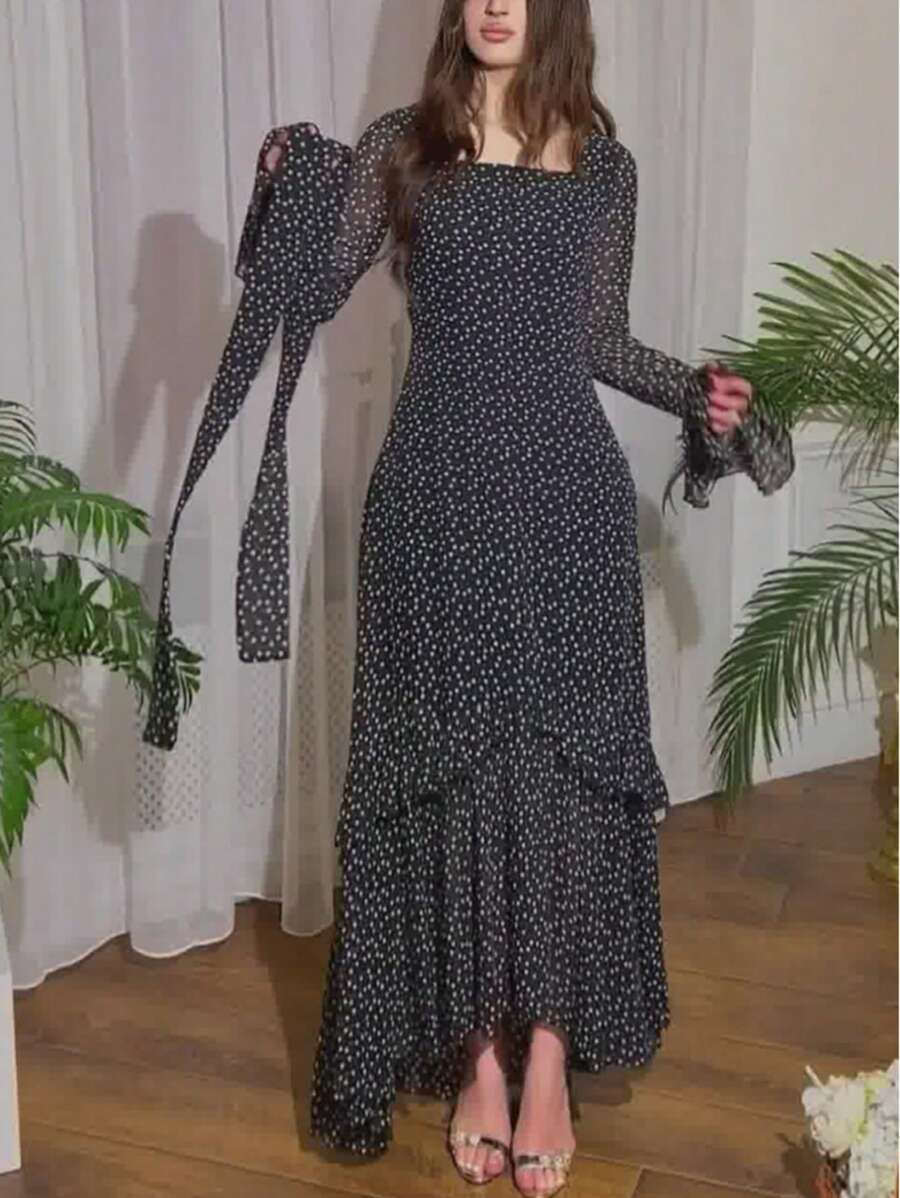 Vestido irregular con parches de manga de volantes de gasa con lunares para mujer