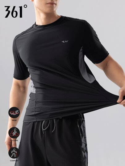 361degree Nuevos tops de bañador de manga corta para hombres de primavera y verano, con colores contrastados oscuros y claros, costuras de malla, estampado offset reflectante, tela elástica, transpirable y de secado rápido, adecuados para natación, surf, voleibol de playa, deportes al aire libre, deportes acuáticos, balnearios, rafting, senderismo fluvial, uso en múltiples escenarios, para adultos y adolescentes