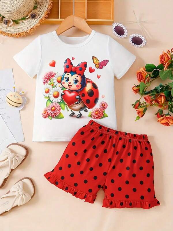 Young Girl Cartoon Ladybug & Flower & Butterfly Graphic Short Sleeve Crew Neck T-Shirt + Polka Dot Print Shorts Set For Girls, Comfy And Holiday Set Summer Gift, Outdoor Casual Wear